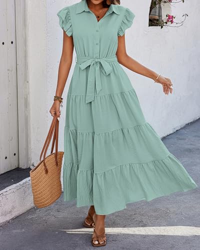 dowerme Women Ruffle Sleeve Button Belted Boho Maxi Dress - color: Mint Green, size: X-Large