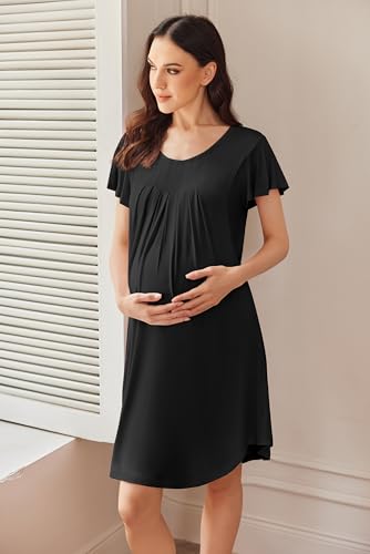 Nursing Nightgown Labor and Delivery Gow Breastfeeding Maternity Dress - color: Black, size: Medium