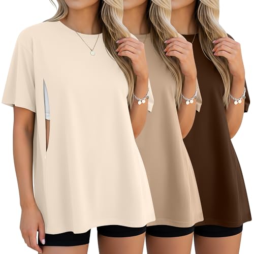 3 Pack Women's Oversize Nursing Tops - color: Cream, Khaki, Dark Brown, size: Large