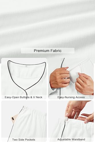 OUGES 100% Cotton Women's Maternity Nursing Pajamas Sets Button Down Breastfeeding Loungewear Top & Pants with Pockets - color: White, size: Large