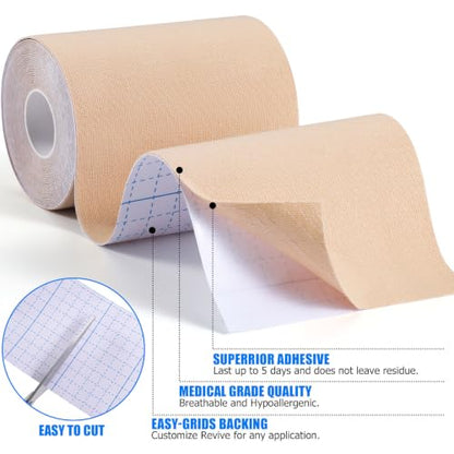 3 Rolls Wide Kinesiology Tape, Waterproof, 4" x 5.5yd, Light Beige - color: Light Beige - 4in