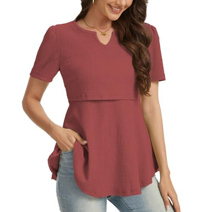 Bearsland Short Sleeve Nursing Top 3pack - color: Black & Dusty Blue & Begonia Red‌‌, size: XX-Large