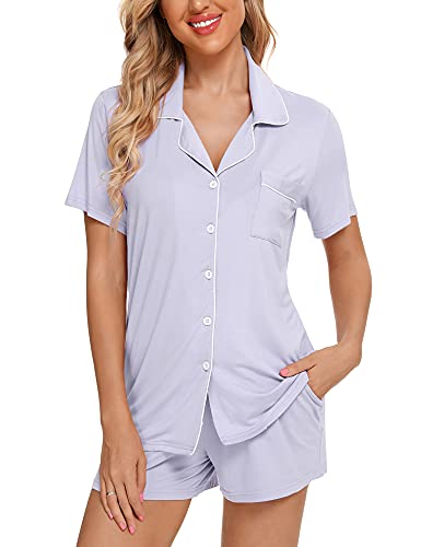 Senert Womens Pajamas Set Short Sleeve Sleepwear - color: A. Light Purple, size: Medium