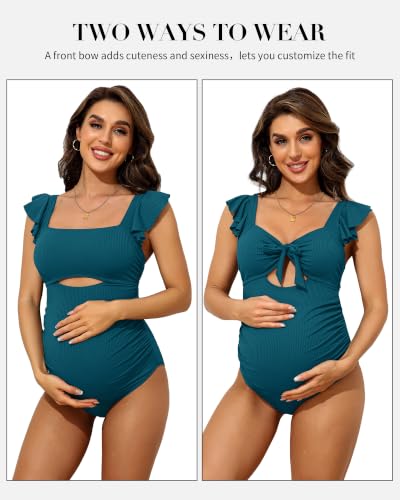 Charmo Ruffle Maternity Bathing Suits Ribbed Tie Knot Pregnancy Swimsuit - color: Turquoise, size: Small