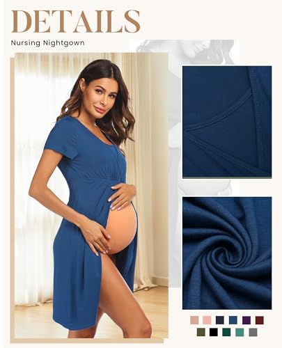 Nursing Nightgown Short Sleeve Breasfeeding Birthing Gown Maternity Dress - color: Blue, size: Medium