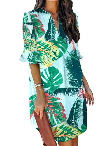 QACOHU Womens Summer Casual V Neck Shift Mini Dress - color: C-green Leaf, size: Medium