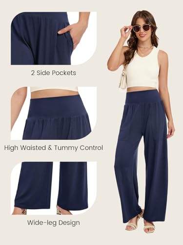 Wide Leg Pants Women Stretchy Sweatpants High Waisted Palazzo Pants - color: Blue, size: Large