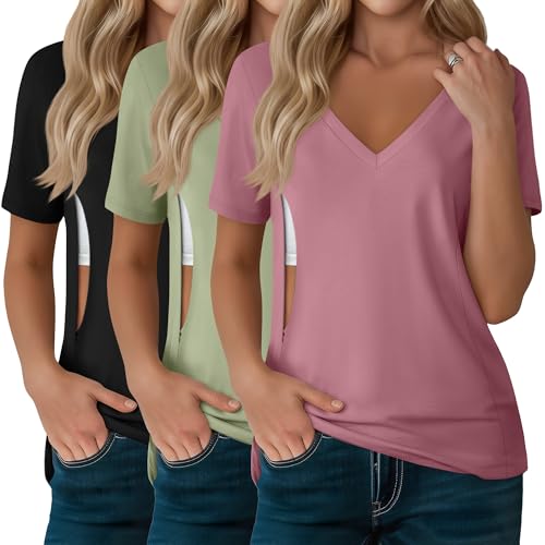 3 Pack Women's Nursing Tops Breastfeeding Shirts - color: Black, Light Green, Gray Pink, size: Small