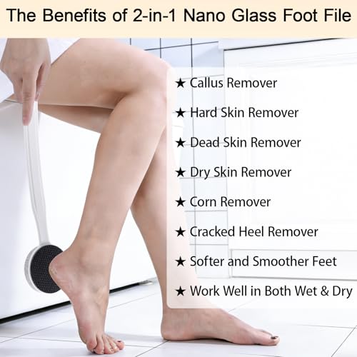 Nano Glass and Pumice Stone for Feet Callus Remover Long Handle 13.7", Double Sided Foot File, Durable Foot Scrubber Pedicure Tool for Hard & Dead Skin Remover, Soft and Smooth Feet, White - color: White
