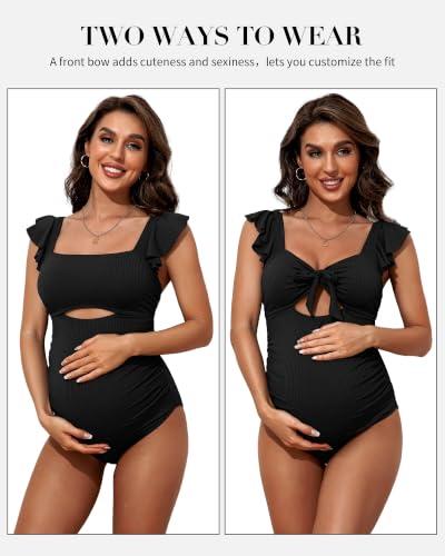 Charmo Ruffle Maternity Bathing Suits Ribbed Tie Knot Pregnancy Swimsuit - color: Black, size: Medium