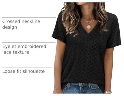 SAMPEEL Women's Eyelet Crossed V Neck Short Sleeve T-Shirt - color: All Black, size: X-Large