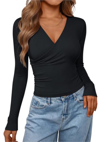 PINKMSTYLE Womens Long Sleeve Wrap V Neck Tops Ruched Dressy Shirts Blouse - color: Black, size: Medium