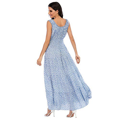 Women's 2026 Summer Boho Floral Print Tiered Casual Flowy Long Maxi Dress - color: Blue, size: Small