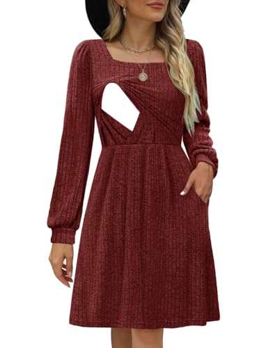 CzzzyL Womens Nursing Fall Dresses Square Neck Knit Sweater with Pockets - color: Red, size: X-Large