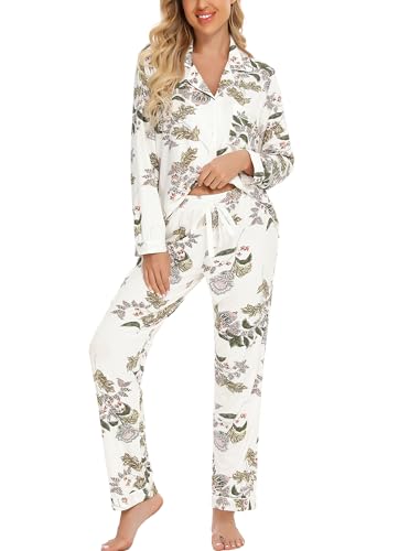 Leikar Button Up Pajamas For Women Long Sleeve Viscose Soft Pjs Lounge - color: Maple Flower, size: Small