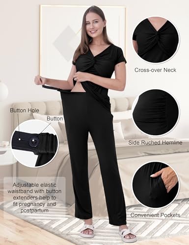 3-Piece Maternity Nursing Pajamas Set for Pregnancy & Postpartum - color: Black, size: Small