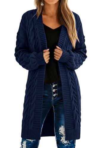 PRETTYGARDEN Long Sleeve Open Front Chunky Cardigan Sweaters for Women Cable Knit Long Cardigans Spring Outfits with Pockets - color: Blue, size: X-Large
