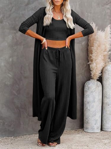 Fessceruna Womens 3 Piece Lounge Pajamas Sets Cute Vacation Matching Set - color: A-black, size: XX-Large