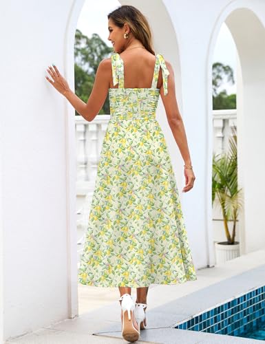 Zattcas Womens 2026 Summer Tie Shoulder Floral Maxi Dress with Pockets - color: Lemon, size: Medium