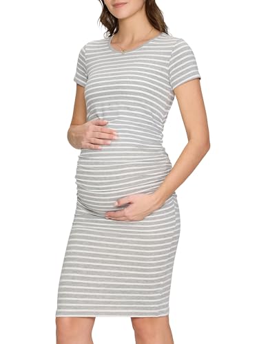 Women's Maternity Dress Short Sleeve Ruched Pregnancy Summer Dresses - color: Light Grey Stripe, size: Medium