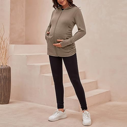 DEBELLY Maternity Sweatshirt Zip Up Hoodie Pockets Pregnancy Postpartum - color: Coffee, size: Medium