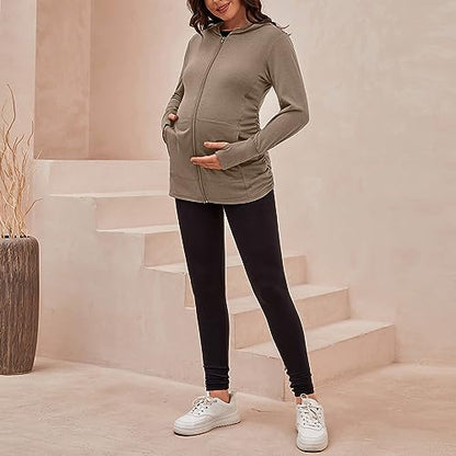 DEBELLY Maternity Sweatshirt Zip Up Hoodie Pockets Pregnancy Postpartum - color: Coffee, size: Medium