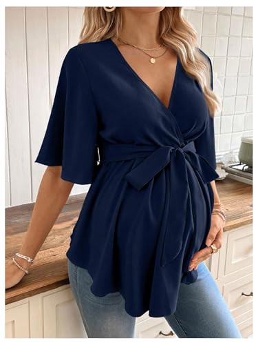 MakeMeChic Women's Maternity Nursing Blouse Wrap Belted Pregnancy Shirt - color: Dark Blue, size: Medium