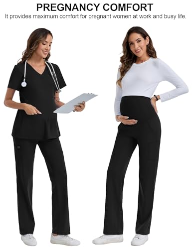 QBK Women's Maternity Scrub Pants Cargo Work Pants 4-Way Stretch 6 Pockets - color: Black, size: Small