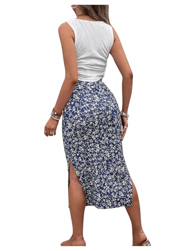 Milumia Women's Maternity Two Piece Set Tank Top and Floral Midi Skirt Sets - color: Navy Blue, size: Medium