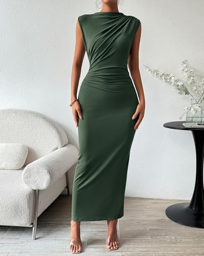 BTFBM Women Ruched Bodycon Maxi Dresses Summer Casual - color: Army Green, size: Large