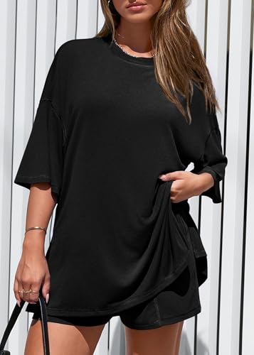 KIRUNDO 2 Piece Sets for Women Summer Lounge Sets Casual - color: Black, size: Small