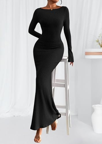 PRETTYGARDEN Women's Fall Long Sleeve Bodycon Maxi Dresses - color: Black, size: Small