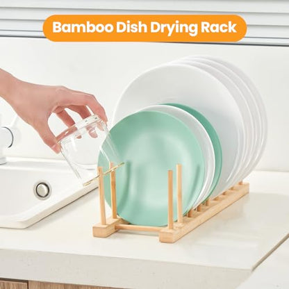 4 PCS Bamboo Dish Drying Rack, Pot Lid Plate Organizer Holder for Cabinet - color: Bamboo 8 Slots 4pcs