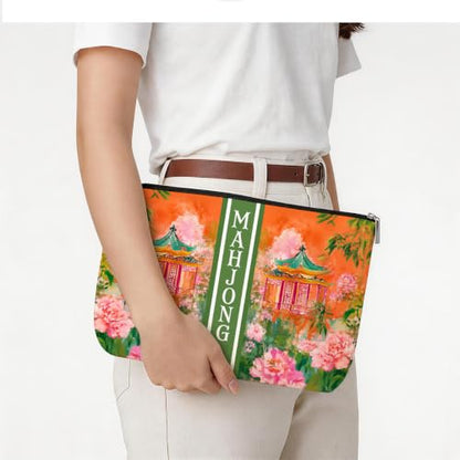 Orange Chinoiserie Pagoda Mahjong Tile Bag Makeup Bag (Case Only) - color: Multicolor 1842