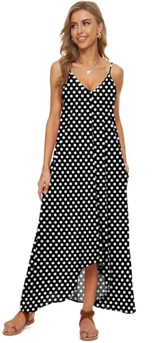LILBETTER Women V-Neck Polka Dot Print Spaghetti Strap Boho Long Maxi Dresses - color: 01black Dot, size: Large