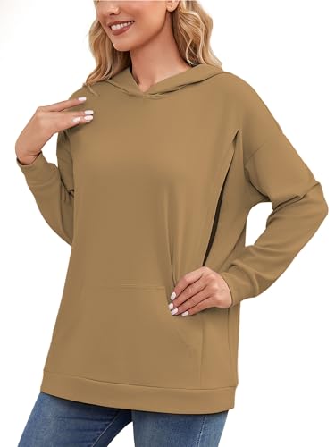 Ecavus Womens Nursing Sweatshirts for Breastfeeding Hidden Zipper Hoodie - color: Light Coffee, size: Small