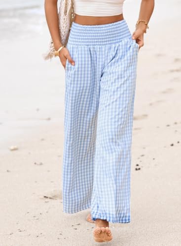 Dokotoo Women's Fall Gingham Wide Leg Casual Pants 2026 - color: Blue, size: Medium