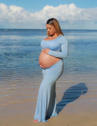Women's Maternity Elegant Fitted Maxi Dress for Photoshoot - color: Light Blue, size: Large