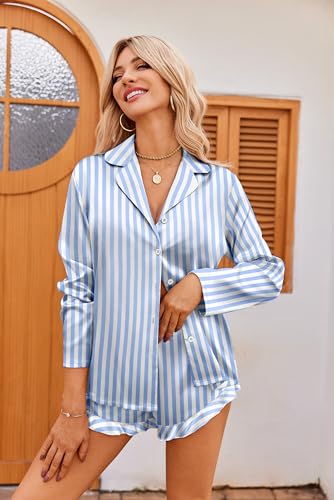 Ekouaer Womens Satin Pajama Sets Cute Button Down Silk Pjs with Ruffle - color: Striped Blue, size: X-Large