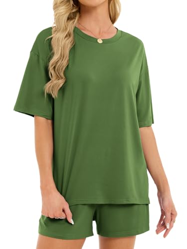 Women's 2 Piece Short Sets Loose Lounge Sets Summer Matching Sets - color: Green, size: X-Large