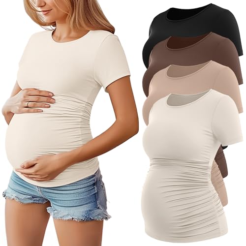 Huukeay 4 Pack Women's Short Sleeve Maternity Tops - color: Cream, Khaki, Coffee, Black, size: Medium