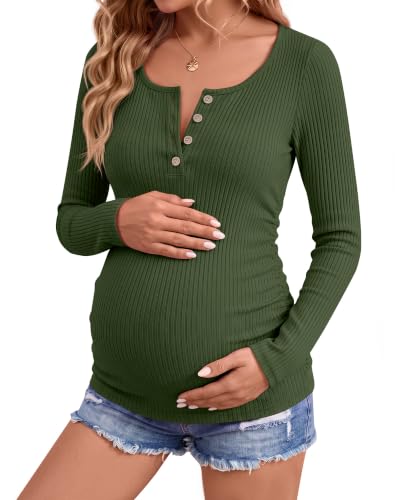 Maternity Long Sleeve Shirt Pregnancy Top - color: Army Green, size: X-Large