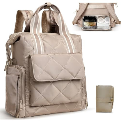 Omanmoli Diaper Bag Backpack Quilted Baby Bag Travel Breast Pump Backpack - color: Khaki