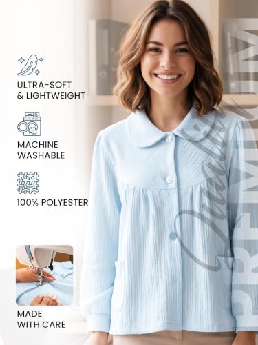 Casual Nights Women's Chenille Bed Jacket, Button Front Long Sleeve Sleep Top with Pockets - color: Blue, size: 3X