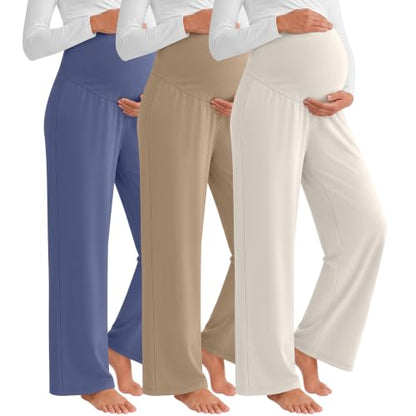 3 Pack Women's Maternity Lounge Pants Soft Sweatpants - color: Cream, Khaki, Haze Blue, size: Small