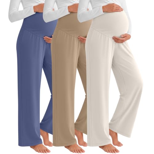 3 Pack Women's Maternity Lounge Pants Soft Sweatpants - color: Cream, Khaki, Haze Blue, size: Large