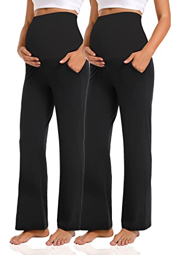 V VOCNI Maternity Pants Wide Leg Work Dress Pregnancy Trousers - color: 2pcs Black, size: Small