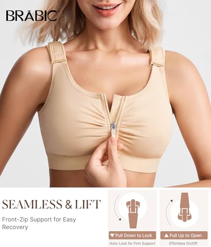 BRABIC Zip Front Closure Everyday Bras for Women Post Sugery Compression - color: Beige, size: Medium