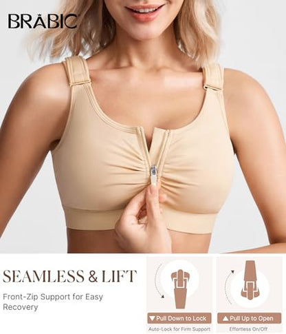 BRABIC Zip Front Closure Everyday Bras for Women Post Sugery Compression - color: Beige, size: X-Small