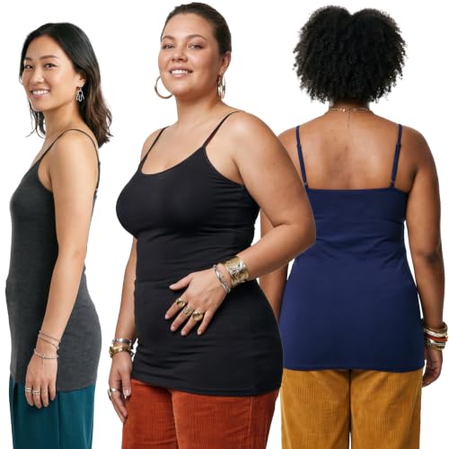 Emmalise Women's Basic Casual Long Camisole Adjustable Strap Cami Layering Top - color: 3pk - Black, Hth Charcoal, Navy, size: Small